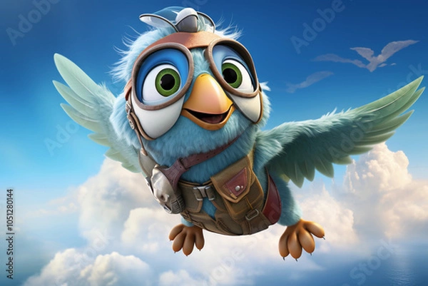Fototapeta Cartoonish Images of Aero the Aviator, a Friendly Bird, Soaring Through Cloudy Skies and Meeting Fluffy Cloud Characters – Generative AI
