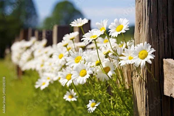 Fototapeta Sunlit Meadow Adorned with a Daisy Chain, Showcasing the Simple Beauty of Cheerful Flowers – Generative AI