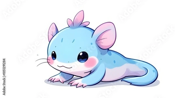 Fototapeta Cute blue axolotl illustration with watercolor cartoon style isolated in white background