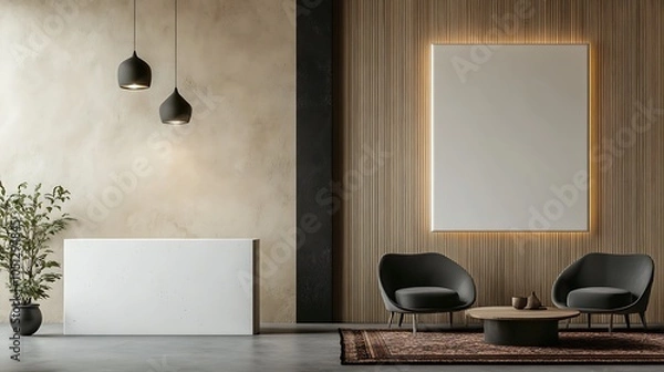 Fototapeta  Interior of modern hotel lobby with grey and wooden walls design, tiled floor, panoramic window with blurry cityscape, and vertical mock-up poster design 