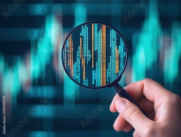 Fototapeta Analyzing financial data a hand holding a forensic magnifying glass over a dynamic graph in gigapixel standard resolution