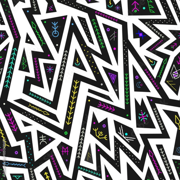 Fototapeta Monochrome geometric neon lines. Seamless pattern.