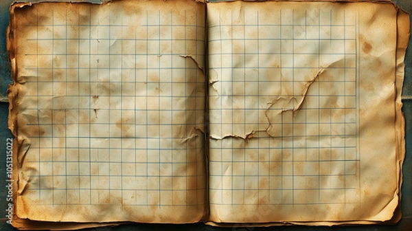 Fototapeta Aged Notebook with Gridded Pages and Torn Edges