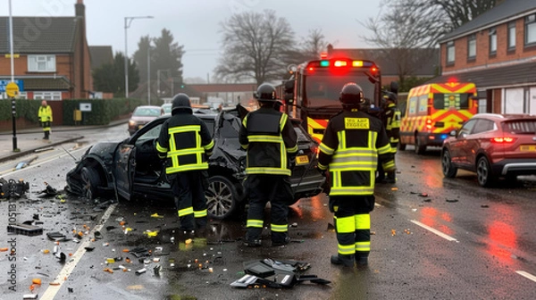 Fototapeta serious car crash at roundabout involving two vehicles, with emergency responders on scene. damaged cars and debris create chaotic atmosphere, highlighting urgency of situation