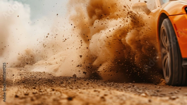Fototapeta high speed collision between two cars creates dramatic scene with dust and debris flying. intense action captures thrill and danger of racing