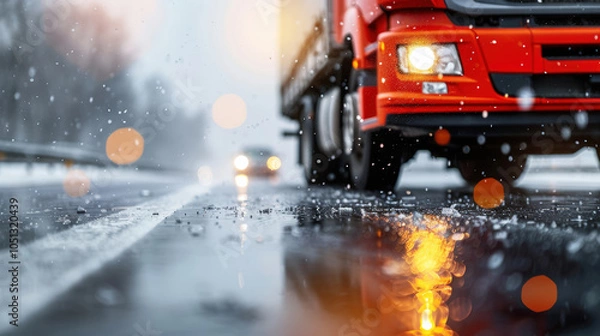 Fototapeta truck driving on slick, wet highway during snowfall, with blurred lights from another vehicle in background. scene captures challenges of winter driving