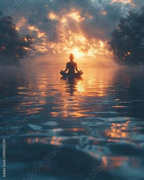 Fototapeta Serene Meditative Figure Floating Above Calm Ocean