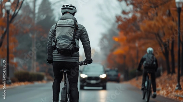 Fototapeta Cyclist riding on foggy road surrounded by autumn trees, showcasing serene yet cautious atmosphere. scene captures essence of urban cycling in cooler weather
