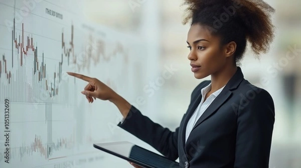 Fototapeta African American woman analyzing the company's financial performance on a rafik on big screen. Financial analyst in a company, working with performance indicators