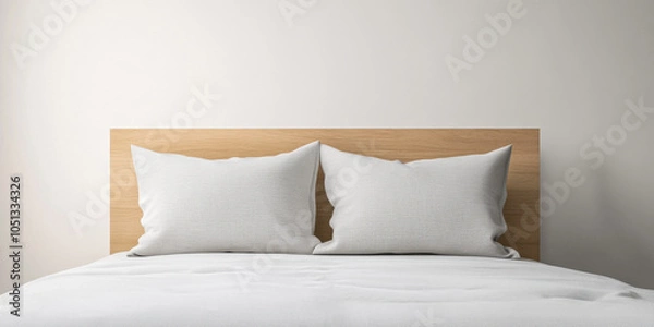 Fototapeta Cozy bedroom setting with neutral tones featuring a wooden headboard and plush pillows