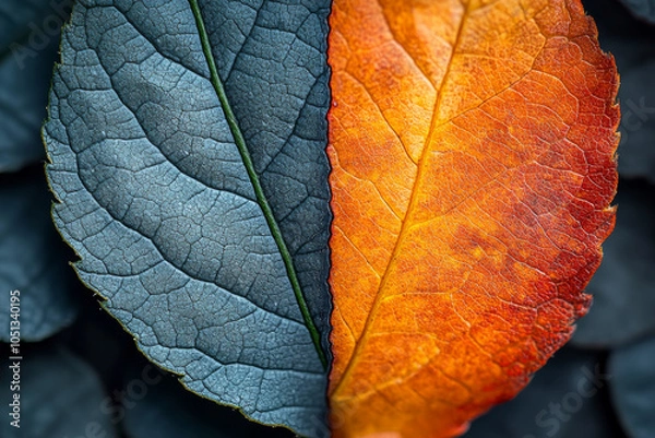 Obraz The leaf is split in half, with one half being green