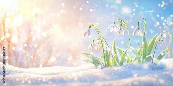 Fototapeta Delicate Snowdrops Standing in Snow with Sunlight and Dancing Snowflakes, Celebrating Spring's Arrival in a Serene Winter Scene