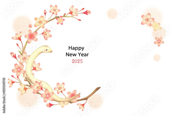 Fototapeta 白蛇と桜の飾り枠の巳年の年賀状　横　手描き色鉛筆画