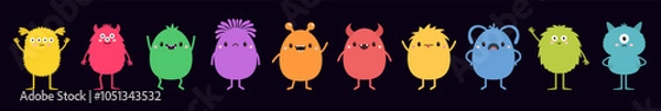 Fototapeta Cute monster set line. Colorful silhouette monsters. Happy Halloween. Kawaii cartoon funny boo character. Different face. Childish style.Teeth, eyes, horns, hands. Flat design. Black background Vector