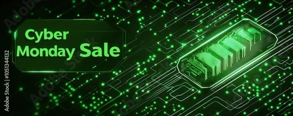 Fototapeta Cyber Monday eco-friendly banner concept. A vibrant digital graphic promoting a Cyber Monday sale featuring green colors abstract patterns and a prominent "Sale" text
