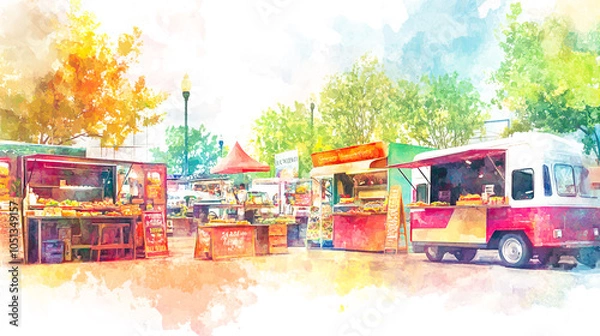 Fototapeta Vibrant Watercolor Illustration of Street Food Scene