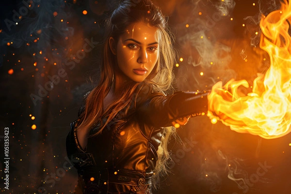 Fototapeta A fantasy female mage in leather armor casting a fireball spell, photorealistic, cinematic, Generative AI