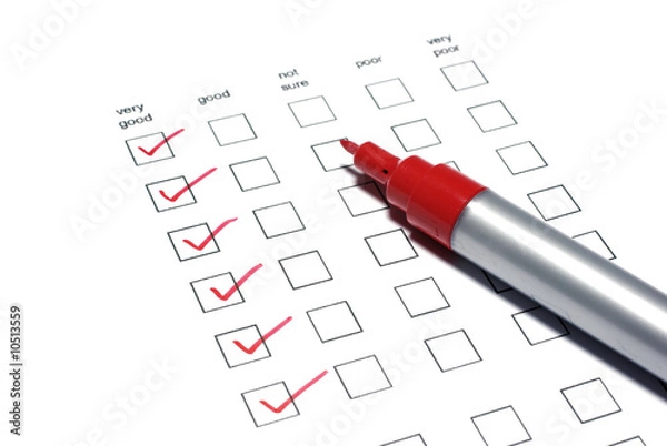 Fototapeta Customer survey form, questionnaire check list. Checklist with checkboxes ticked with red marker.