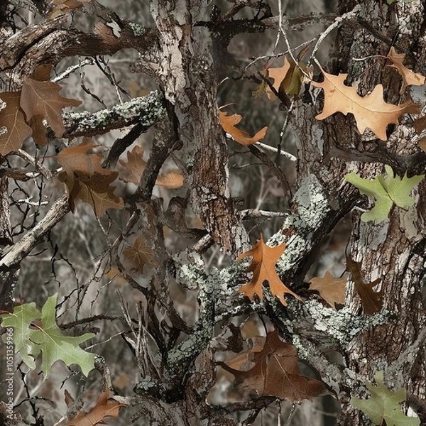 Fototapeta Oak Tree Bark Oak Leaves Hunting Camo Pattern, Seamless Camouflage Foliage Texture