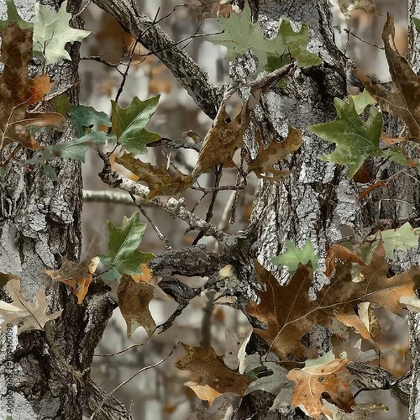 Fototapeta Oak Tree Bark Oak Leaves Hunting Camo Pattern, Seamless Camouflage Foliage Texture