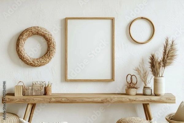 Fototapeta Scandinavian room with console table, rings, and decor for calm ambiance.