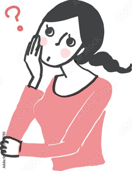 Obraz 疑問を感じる女性。クエスチョンマーク。