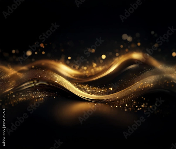 Fototapeta A dark background with a golden wave and sparkling lights.