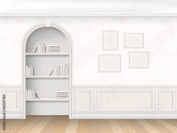 Fototapeta The wall room with arch, books and decorative wall panels - molding. Niche with the books on the shelves, decorated in a classic style.