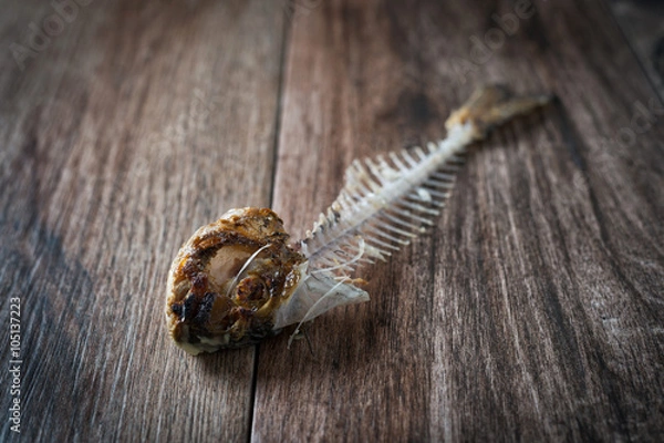 Obraz Close up of fish bone on rustic wooden background. Greed, hunger concept.