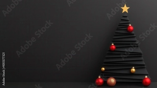 Fototapeta Minimalist Christmas tree in black silhouette with red baubles and golden lights, elegant background