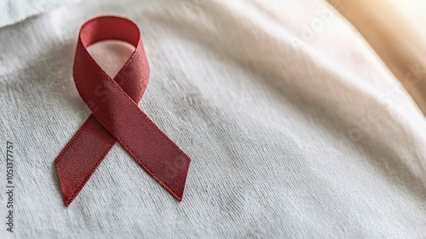 Fototapeta A red ribbon rests on a light fabric surface, symbolizing awareness and support for important causes like HIV/AIDS.
