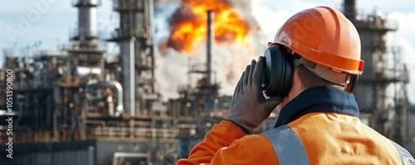 Obraz Engineer communicates amidst factory explosion scene