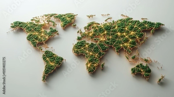 Fototapeta A green world map with glowing connections, symbolizing global connectivity and sustainability.