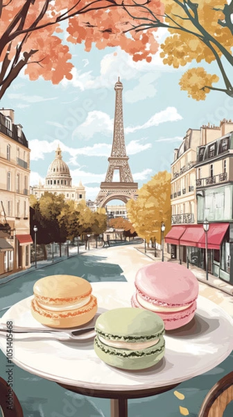 Fototapeta Delightful scene featuring macarons in Parisian cafe, with Eiffel Tower in view