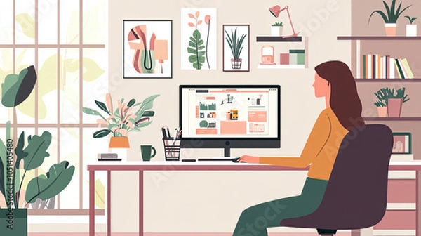 Fototapeta Smart working woman in stylish home office, focused on her computer screen