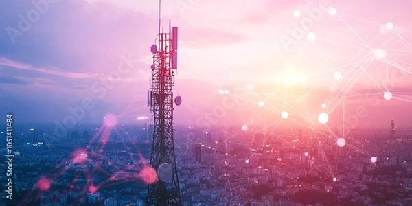 Fototapeta 5G Telecommunication Tower with Smart City Network Connections, 5G Network Tower Connection, Data Connection