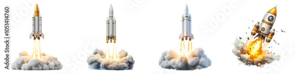 Fototapeta A sequence of rocket launches showcasing stages of liftoff, featuring powerful engines and billowing smoke against a dark backdrop.