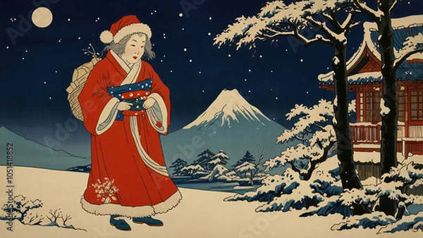 Obraz 浮世絵風のサンタクロースと風景