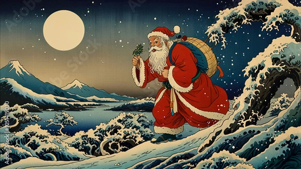 Obraz 浮世絵風のサンタクロースと風景