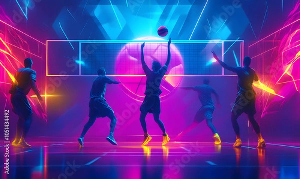 Fototapeta Dynamic Volleyball Action with Neon Lights and Abstract Geometric Patterns for Futuristic Sports Branding