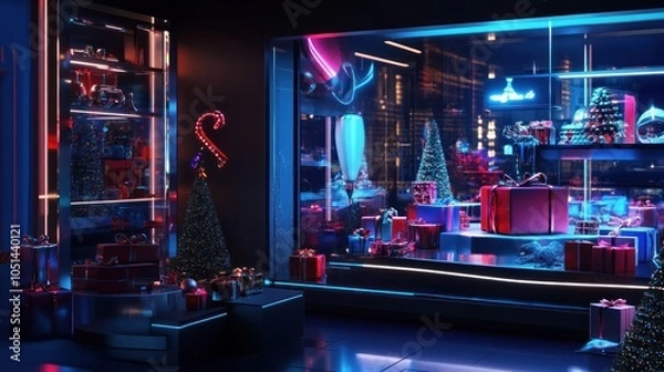 Obraz Vibrant Christmas window with gifts and neon lights.