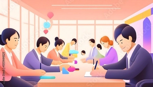 Fototapeta A diverse group of smiling businesspeople collaborate around a conference table, focused on laptops and engaging in productive discussion