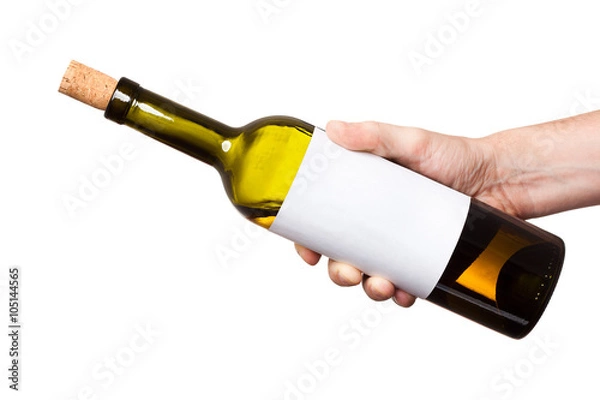 Obraz bottle of white wine in his hand isolated on white background