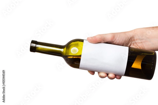 Obraz open bottle of white wine with a clear sticker in hand isolated