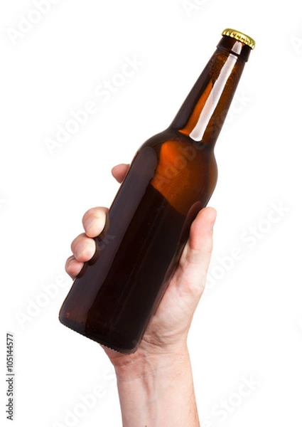 Obraz brown beer bottle in hand isolated on white background