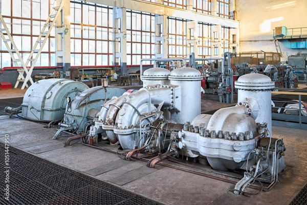 Obraz Compression department machinery. Chemical industrial interior Example. High pressure nitrogen turbine compressor of nitrogen fire extinguishing system.