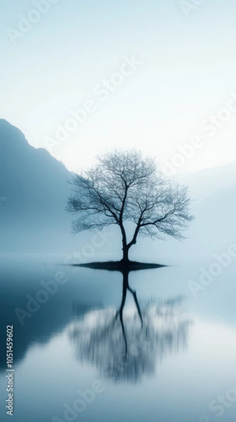 Fototapeta serene landscape featuring solitary tree on small island, surrounded by calm water and misty mountains in background. tranquil scene evokes sense of peace and solitude