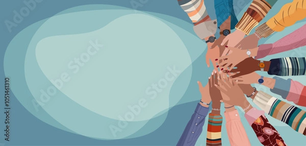 Obraz Group hands on top of each other of multicultural people. Community teamwork cooperation or ethnicity concept.Diverse culture. Equality diversity inclusion. Agreement between colleagues