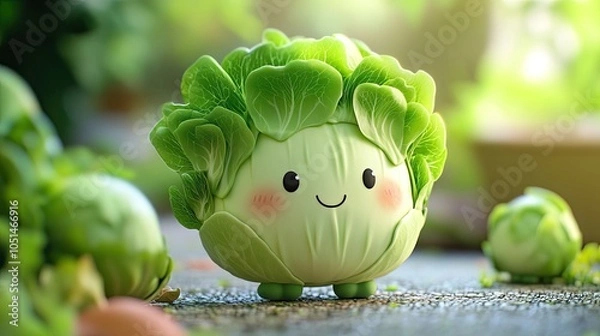 Obraz Photo of a cute cartoon character of cabbage smiling and happy.