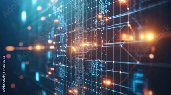 Obraz Digital blockchain technology presentation illustration with cryptocurrency and financial charts, showing transparency and security.